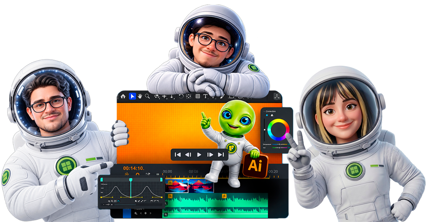 Equipo de FULL Agencia Creativa editando video, ilustrado como astronautas junto a la mascota Orvi